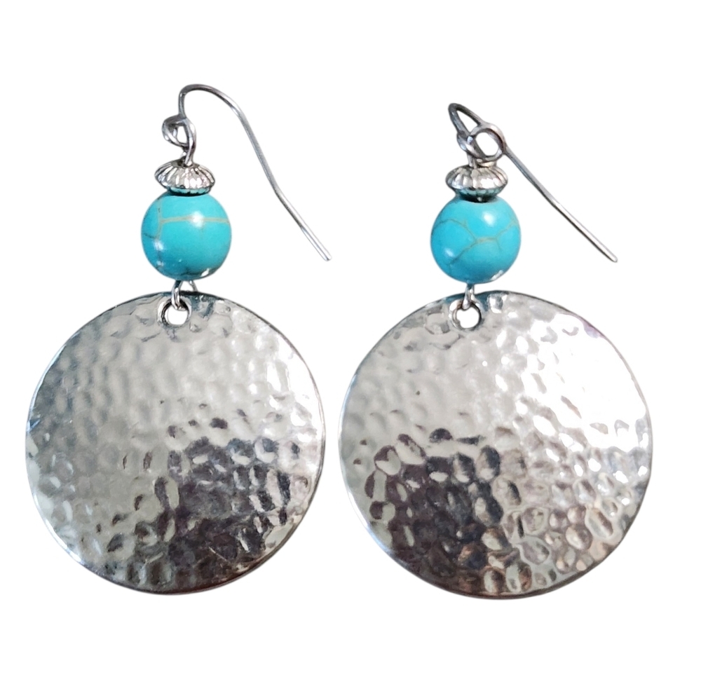 Silvertone Hammered Disc Turquoise Bead Dangle Earrings